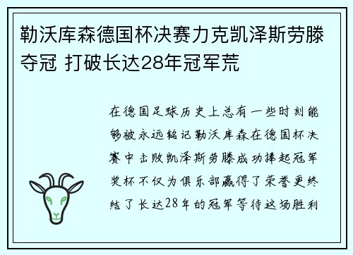 勒沃库森德国杯决赛力克凯泽斯劳滕夺冠 打破长达28年冠军荒